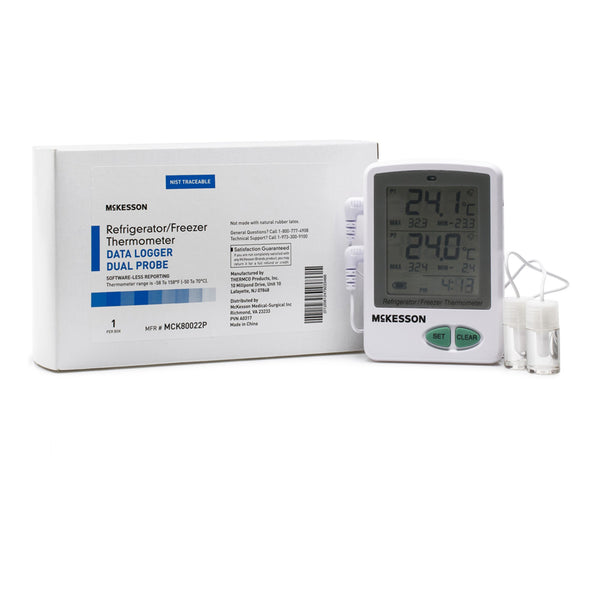 McKesson Datalogging Refrigerator / Freezer Thermometer with Alarm Fahrenheit / Celsius -58° to +158°F (-50° to +70°C) 2 Glycol Bottle Probes / Internal Sensor Flip-out Stand Battery Operated (1074442_EA) 1/EA