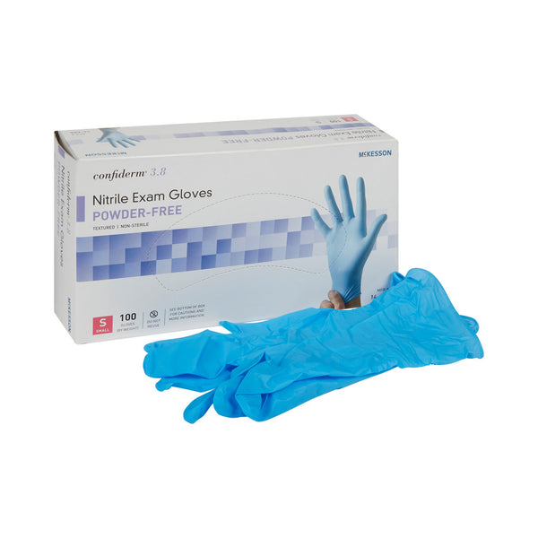 McKesson Confiderm® 3.8 Exam Glove Small NonSterile Nitrile Standard Cuff Length Textured Fingertips Blue Not Rated (921610_BX) 100/BX