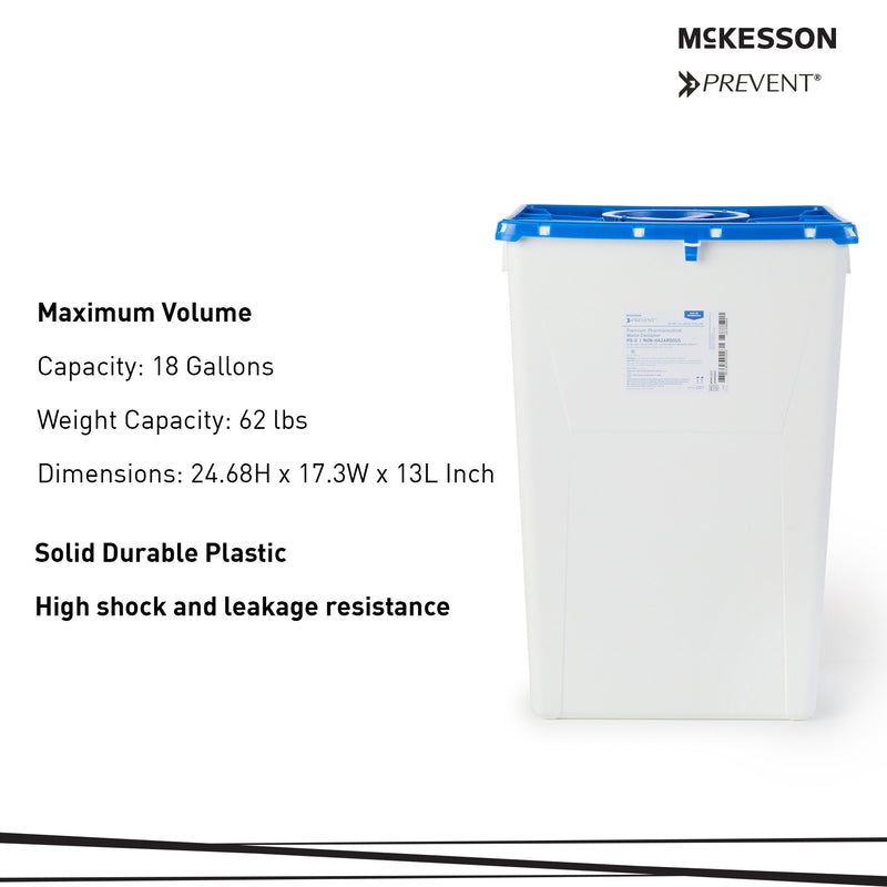 McKesson Prevent® Pharmaceutical Waste Container White Base 24-3/5 H X 17-3/10 W X 13 L Inch Vertical Entry 18 Gallon (1011863_CS) 7/CS