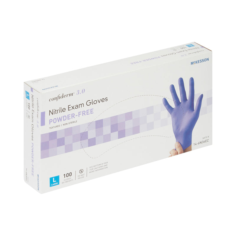 McKesson Confiderm® 3.0 Exam Glove Large NonSterile Nitrile Standard Cuff Length Textured Fingertips Blue Not Rated (1107942_CS) 1000/CS