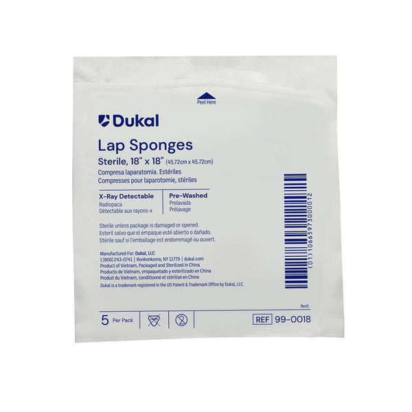 Dukal Surgical Laparotomy Sponge X-Ray Detectable Cotton 18 X 18 Inch 5 Count Pack Sterile (943840_PK) 5/PK