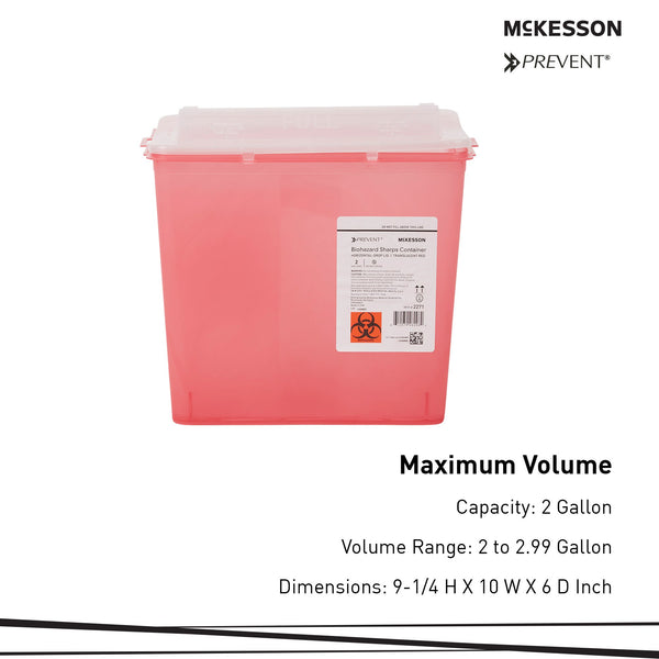 McKesson Prevent® Sharps Container Translucent Red Base 9-1/4 H X 10 W X 6 D Inch Horizontal Entry 2 Gallon (1202201_CS) 20/CS