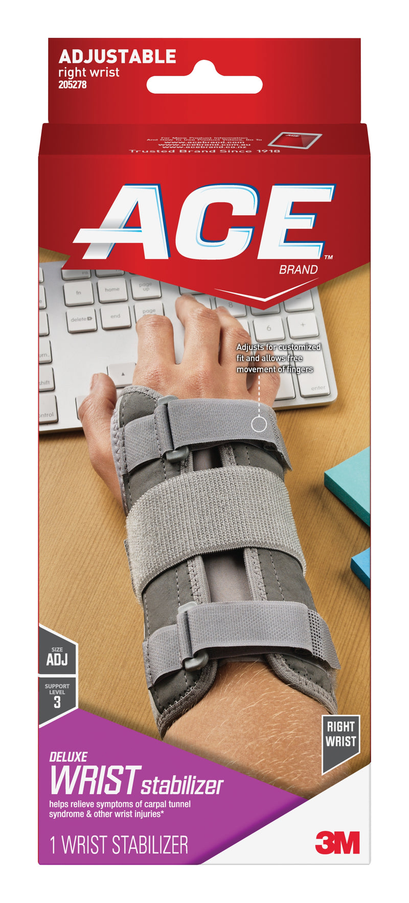 3M™ Ace™ Wrist Brace Aluminum / Nylon / Polyester / Polypropylene / Polyurethane / Spandex Right Hand Gray One Size Fits Most (1084223_EA) 1/EA