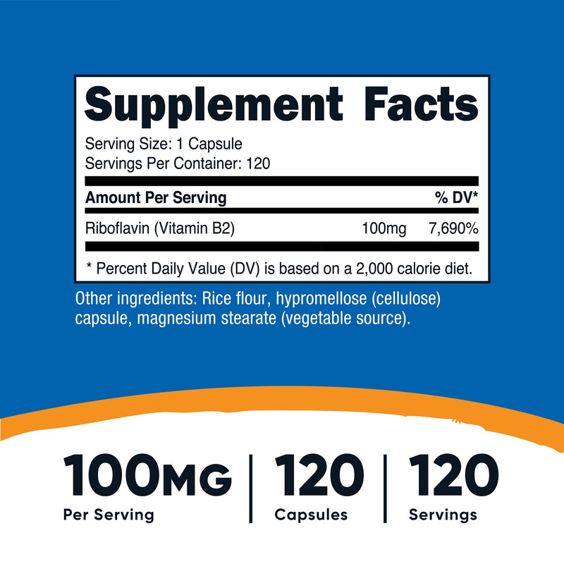 nutricost® Vitamin B2 Riboflavin Dietary Supplement Vitamin B2 100 mg Strength Capsule 120 Per Bottle (1270259_BT) 1/BT