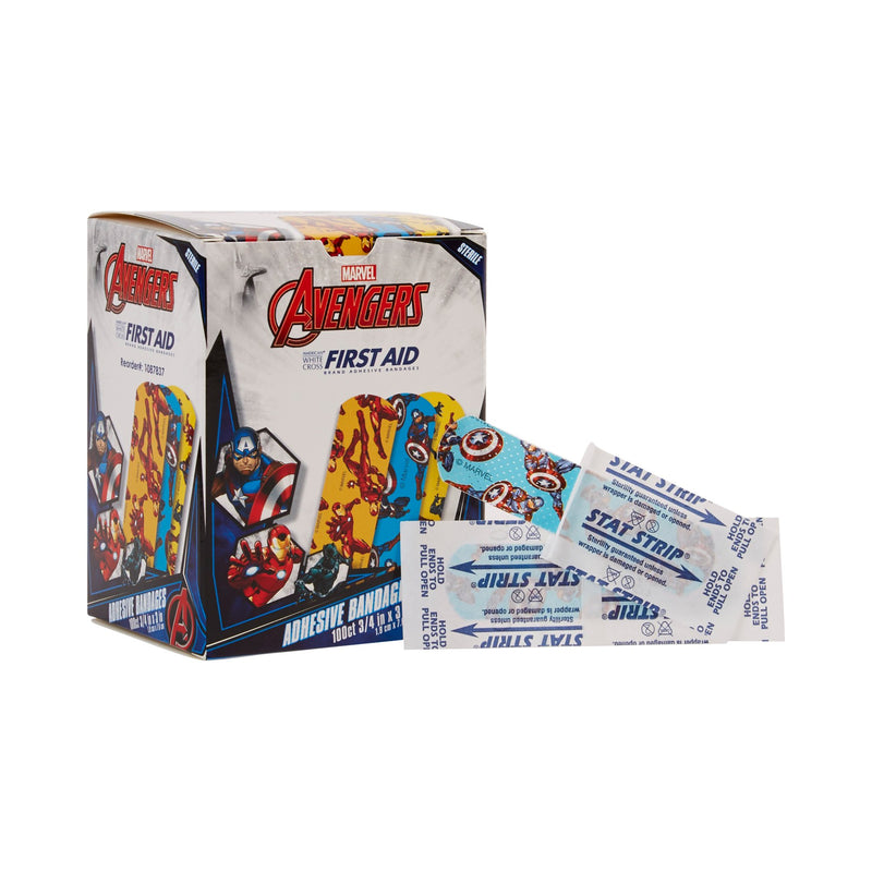 American® White Cross Stat Strip® Adhesive Strip 3/4 X 3 Inch Plastic Rectangle Kid Design (Black Panther / Captain America / Iron Man) Sterile (897043_BX) 100/BX