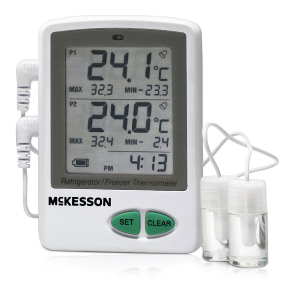 McKesson Datalogging Refrigerator / Freezer Thermometer with Alarm Fahrenheit / Celsius -58° to +158°F (-50° to +70°C) 2 Glycol Bottle Probes / Internal Sensor Flip-out Stand Battery Operated (1074442_EA) 1/EA