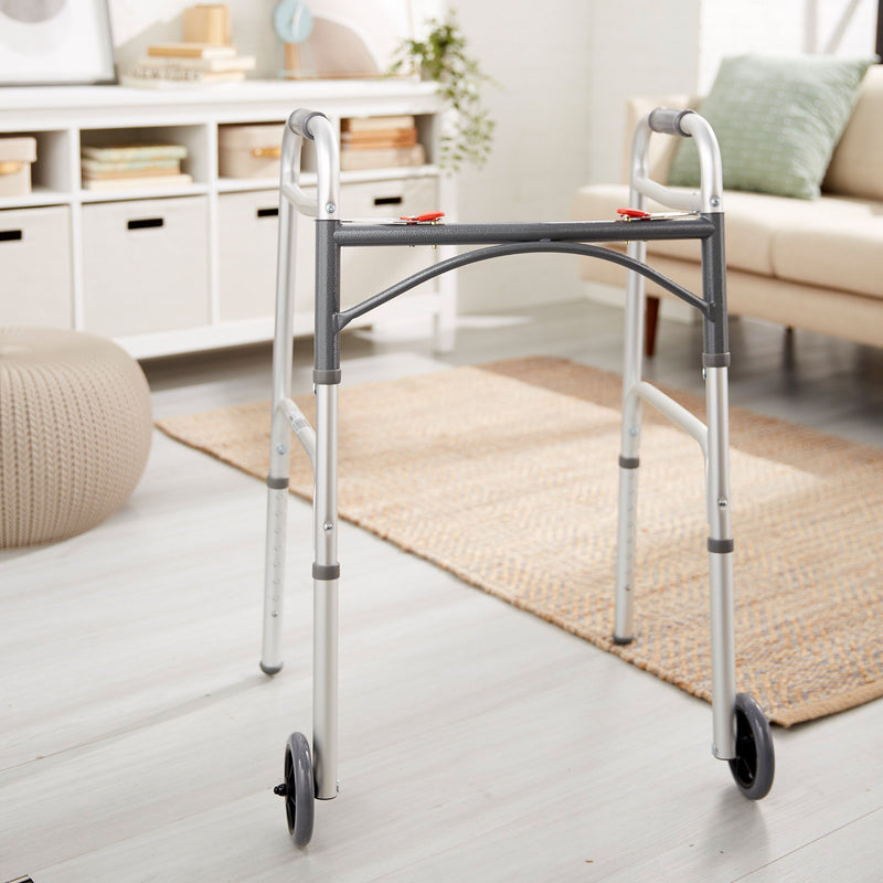 McKesson Dual Release Folding Walker with Wheels Adjustable Height Aluminum Frame 350 lbs. Weight Capacity 32 to 39 Inch Height (1073638_CS) 4/CS