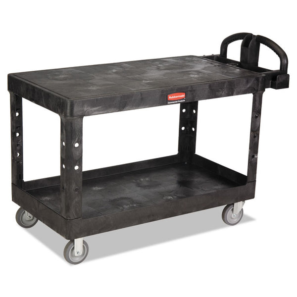 Rubbermaid® Commercial Heavy-Duty Utility Cart with Flat Shelves, Plastic, 2 Shelves, 500 lb Capacity, 25.25" x 54" x 36", Black (RCP4545BLA)