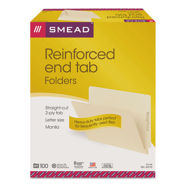 Smead™ Heavyweight Manila End Tab Folders, 9.5" High Front, Straight Tabs, Letter Size, 0.75" Expansion, Manila, 100/Box (SMD24110)