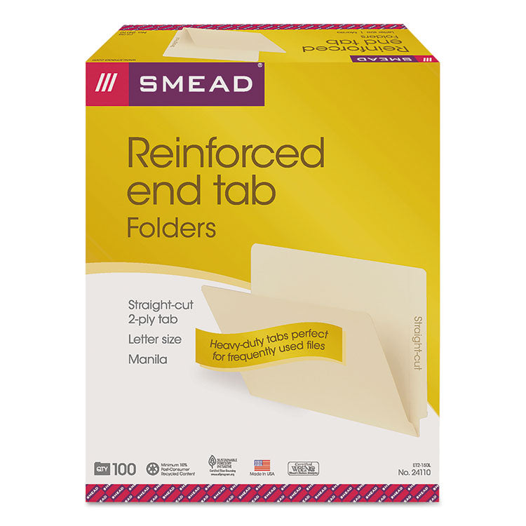 Smead™ Heavyweight Manila End Tab Folders, 9.5" High Front, Straight Tabs, Letter Size, 0.75" Expansion, Manila, 100/Box (SMD24110)