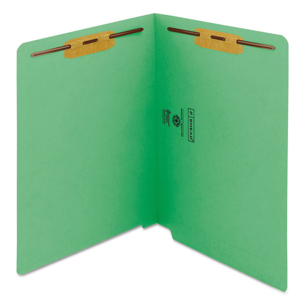 Smead™ Heavyweight Colored End Tab Fastener Folders, 0.75" Expansion, 2 Fasteners, Letter Size, Green Exterior, 50/Box (SMD25140)