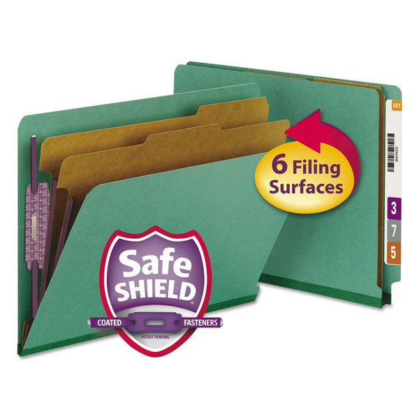 Smead™ End Tab Pressboard Classification Folders, Six SafeSHIELD Fasteners, 2" Expansion, 2 Dividers, Letter Size, Green, 10/Box (SMD26785)
