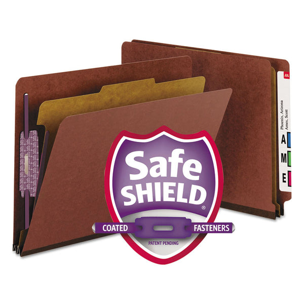 Smead™ End Tab Pressboard Classification Folders, Four SafeSHIELD Fasteners, 2" Expansion, 1 Divider, Letter Size, Red, 10/Box (SMD26855)