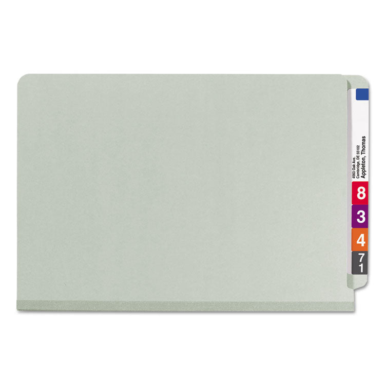 Smead™ End Tab Pressboard Classification Folders, Six SafeSHIELD Fasteners, 2" Expansion, 2 Dividers, Legal Size, Gray-Green, 10/Box (SMD29810)