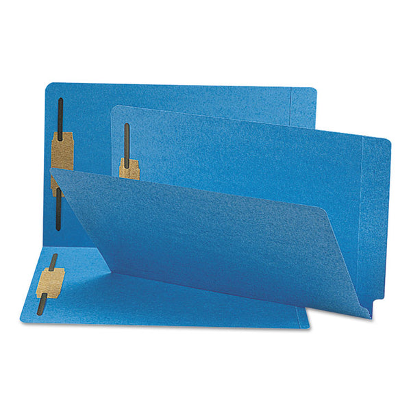 Smead™ Heavyweight Colored End Tab Fastener Folders, 0.75" Expansion, 2 Fasteners, Legal Size, Blue Exterior, 50/Box (SMD28040)