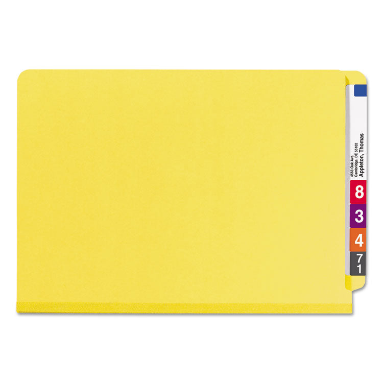 Smead™ End Tab Pressboard Classification Folders, Six SafeSHIELD Fasteners, 2" Expansion, 2 Dividers, Legal Size, Yellow, 10/Box (SMD29789)