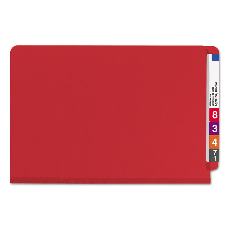 Smead™ End Tab Pressboard Classification Folders, Six SafeSHIELD Fasteners, 2" Expansion, 2 Dividers, Legal Size, Bright Red, 10/Box (SMD29783)