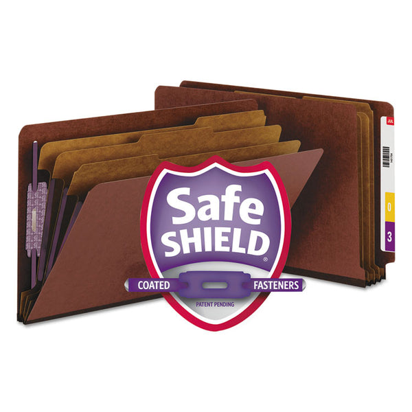 Smead™ End Tab Pressboard Classification Folders, Eight SafeSHIELD Fasteners, 3" Expansion, 3 Dividers, Legal Size, Red, 10/Box (SMD29865)