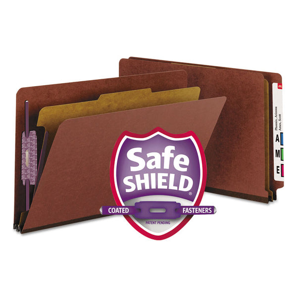 Smead™ End Tab Pressboard Classification Folders, Four SafeSHIELD Fasteners, 2" Expansion, 1 Divider, Legal Size, Red, 10/Box (SMD29855)