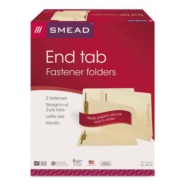 Smead™ End Tab Fastener Folders with Reinforced Straight Tabs, 11-pt Manila, 2 Fasteners, Letter Size, Manila Exterior, 50/Box (SMD34115)