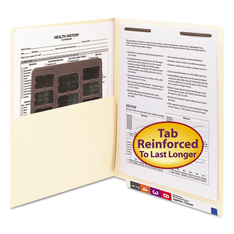 Smead™ Heavyweight End Tab Fastener Folders, Interior Front-Cover Pocket, 0.75" Expansion, 1 Fastener, Letter Size, Manila, 50/Box (SMD34100) Box of 50