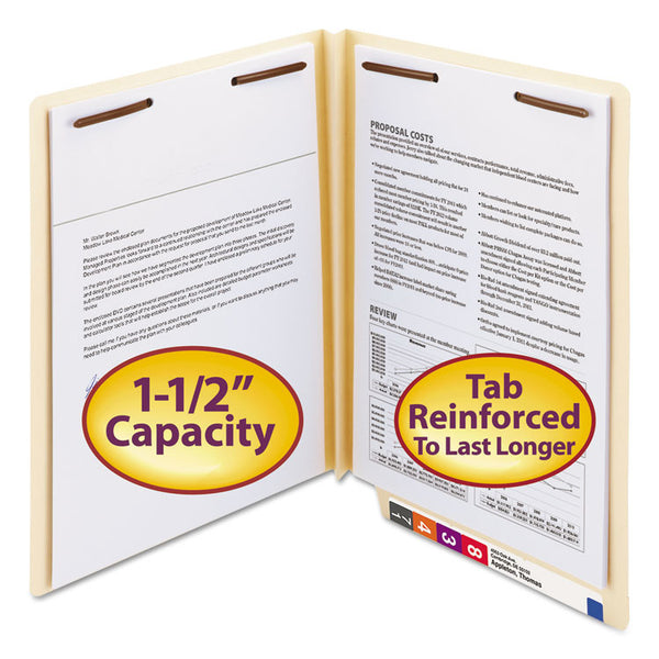 Smead™ End Tab W-Fold Fastener Folders with Reinforced Tabs, 1.5" Expansion, 2 Fasteners, Letter Size, Manila, 50/Box (SMD34276)