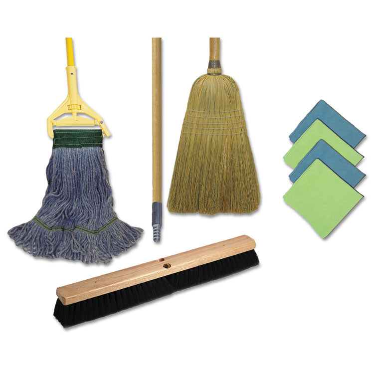 Boardwalk® Cleaning Kit, Medium Blue Cotton/Rayon/Synthetic Head, 60" Natural/Yellow Wood/Metal Handle (BWKCLEANKIT) Each