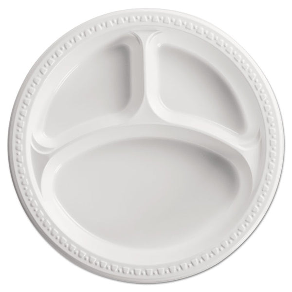 Chinet® Heavyweight Plastic 3-Compartment Plates, 10.25" dia, White, 125/Pack, 4 Packs/Carton (HUH81230)
