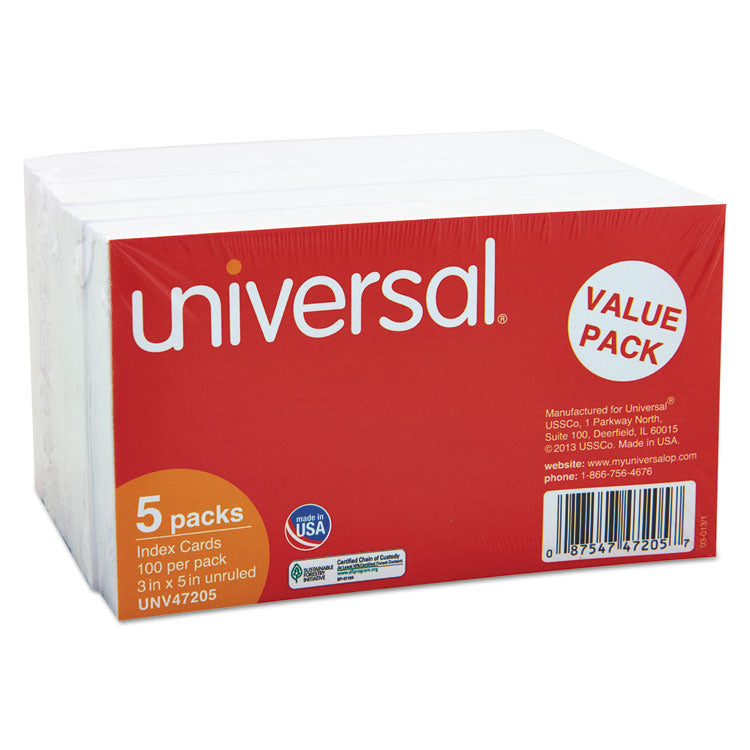 Universal® Unruled Index Cards, 3 x 5, White, 500/Pack (UNV47205)