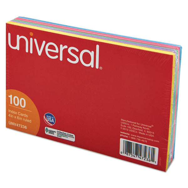 Universal® Index Cards, Ruled, 4 x 6, Assorted, 100/Pack (UNV47236)