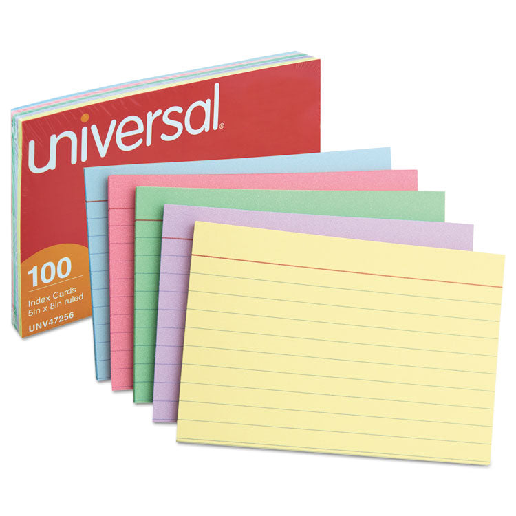 Universal® Index Cards, Ruled, 5 x 8, Assorted, 100/Pack (UNV47256)