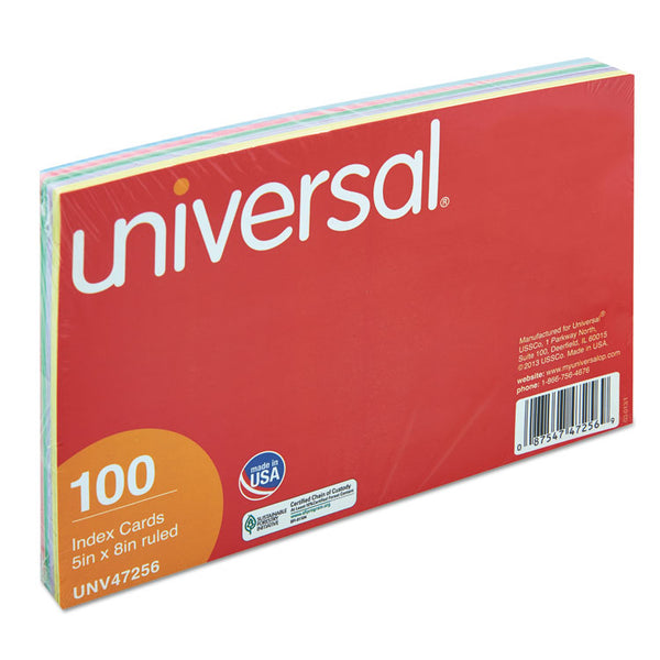 Universal® Index Cards, Ruled, 5 x 8, Assorted, 100/Pack (UNV47256)