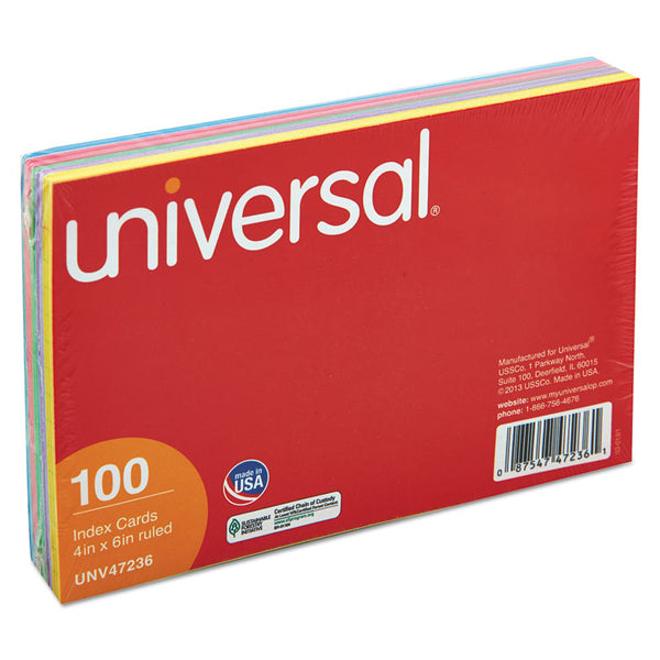 Universal® Index Cards, Ruled, 4 x 6, Assorted, 100/Pack (UNV47236)