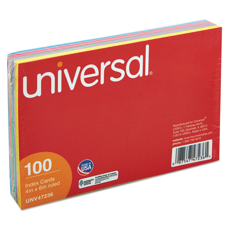 Universal® Index Cards, Ruled, 4 x 6, Assorted, 100/Pack (UNV47236) Pack of 100