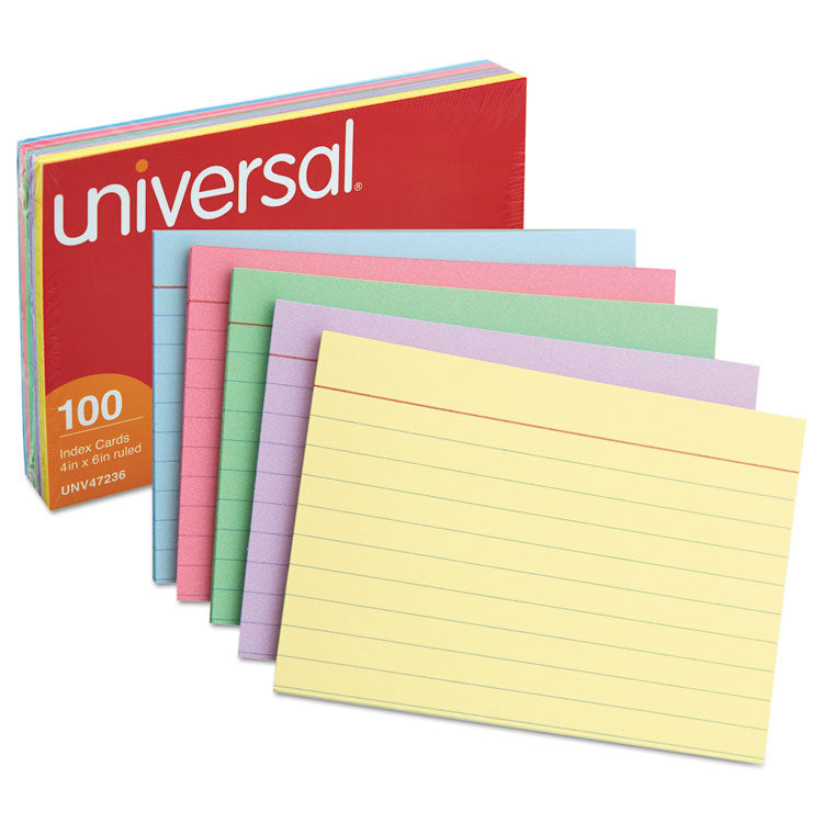 Universal® Index Cards, Ruled, 4 x 6, Assorted, 100/Pack (UNV47236) Pack of 100