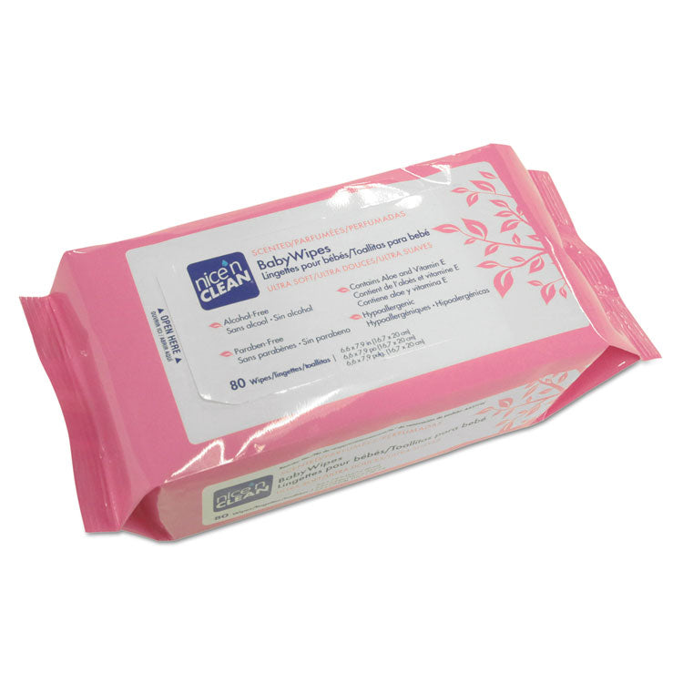 Sani Professional® Nice 'n Clean Baby Wipes, 1-Ply, 6.6 x 7.9, Scented, White, 80/Pack 12 Packs/Carton (NICA437FW) 12 Packs of 80