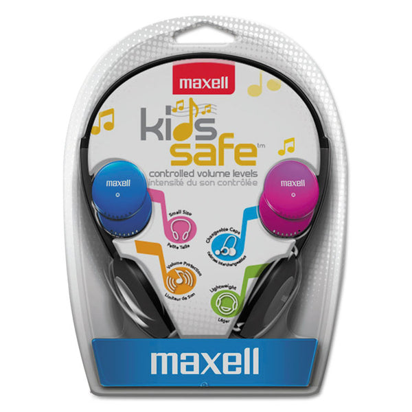 Maxell® Kids Safe Headphones, 4 ft Cord, Black with Interchangeable Pink/Blue/Silver Caps (MAX190338) Each