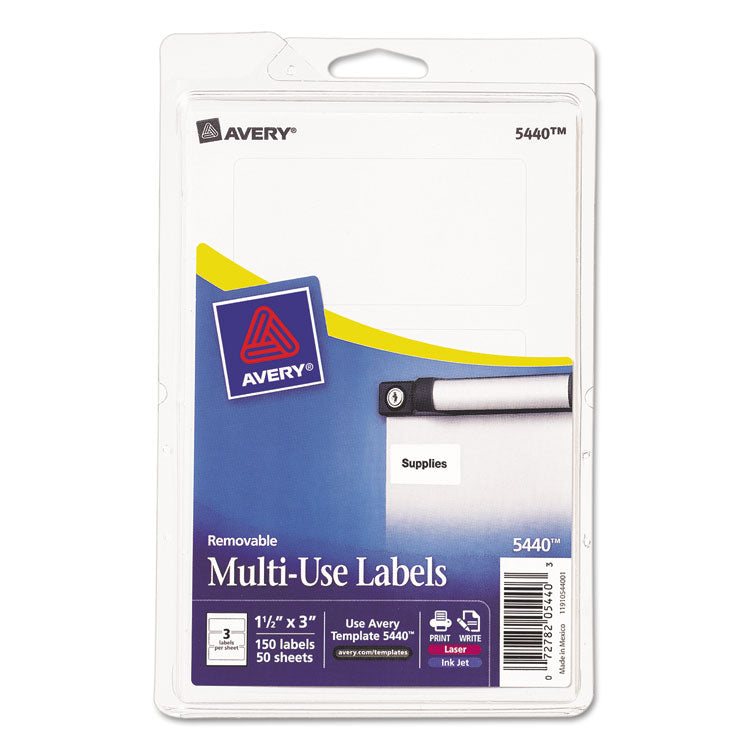 Avery® Removable Multi-Use Labels, Inkjet/Laser Printers, 1.5 x 3, White, 3/Sheet, 50 Sheets/Pack, (5440) (AVE05440) Pack of 150