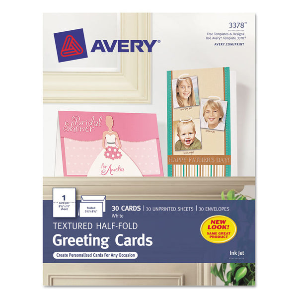 Avery® Half-Fold Greeting Cards with Envelopes, Inkjet, 65 lb, 5.5 x 8.5, Textured Uncoated White, 1 Card/Sheet, 30 Sheets/Box (AVE3378)