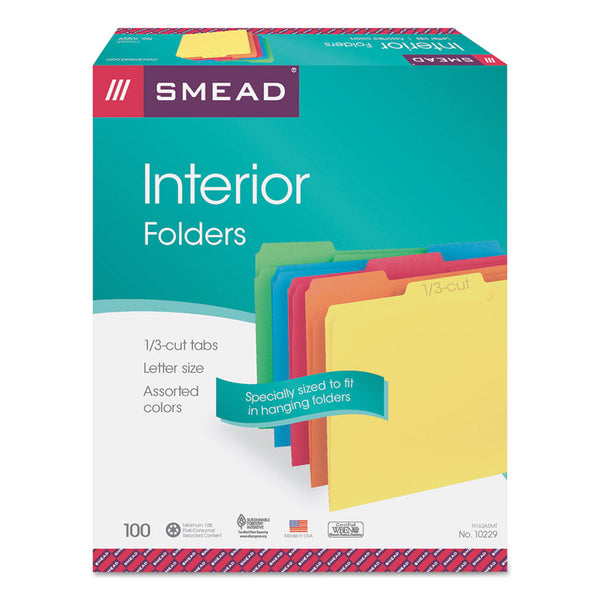 Smead™ Interior File Folders, 1/3-Cut Tabs: Assorted, Letter Size, 0.75" Expansion, Assorted Colors, 100/Box (SMD10229)