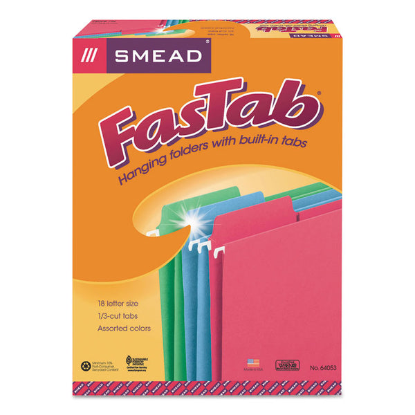 Smead™ FasTab Hanging Folders, Letter Size, 1/3-Cut Tabs, Assorted Colors, 18/Box (SMD64053)