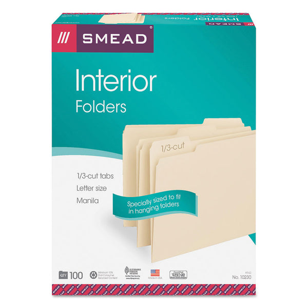 Smead™ Interior File Folders, 1/3-Cut Tabs: Assorted, Letter Size, 0.75" Expansion, Manila, 100/Box (SMD10230)