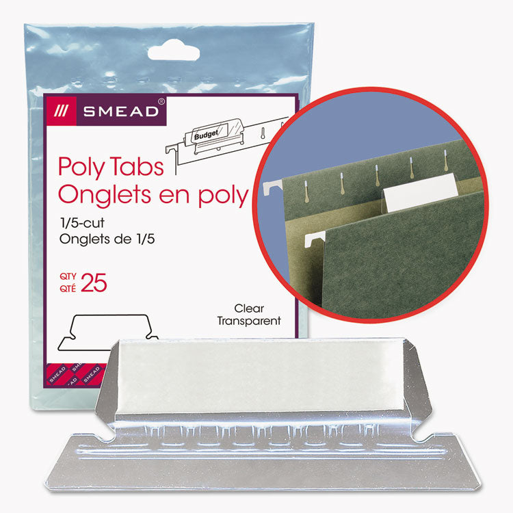Smead™ Poly Index Tabs and Inserts For Hanging File Folders, 1/5-Cut, White/Clear, 2.25" Wide, 25/Pack (SMD64600)
