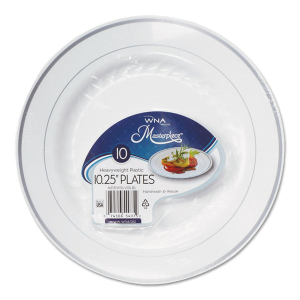 WNA Masterpiece Plastic Plates, 10.25" dia, White with Silver Accents, Round, 10/Pack, 12 Packs/Carton (WNARSM101210WS)