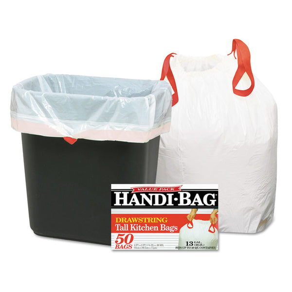 Handi-Bag® Drawstring Kitchen Bags, 13 gal, 0.6 mil, 24" x 27.38", White, 50/Box (WBIHAB6DK50)