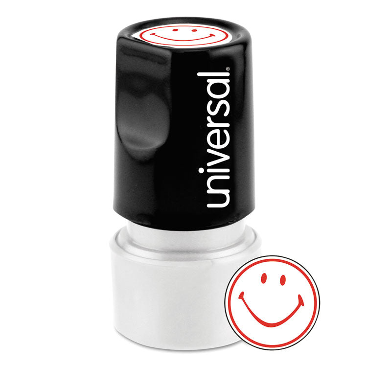 Universal® Round Message Stamp, SMILEY FACE, Pre-Inked/Re-Inkable, Red (UNV10080)