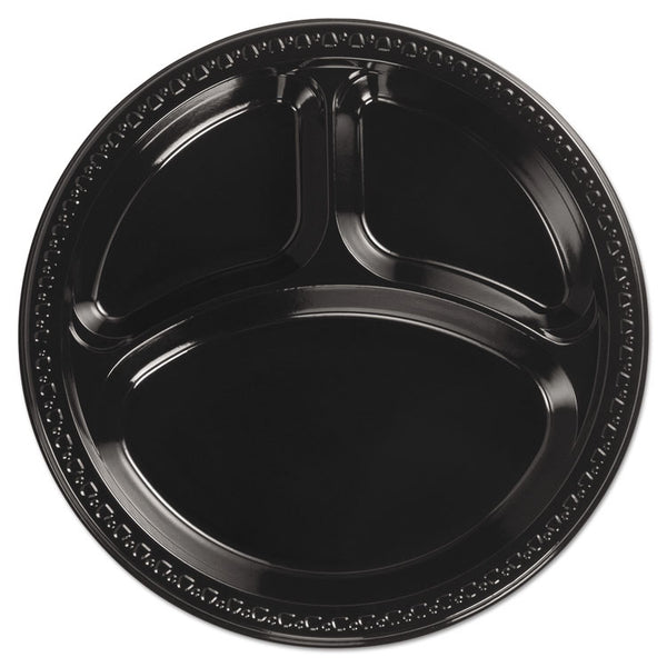 Chinet® Heavyweight Plastic 3-Compartment Plates, 10.25" dia, Black, 125/Pack 4 Packs/Carton (HUH81430)