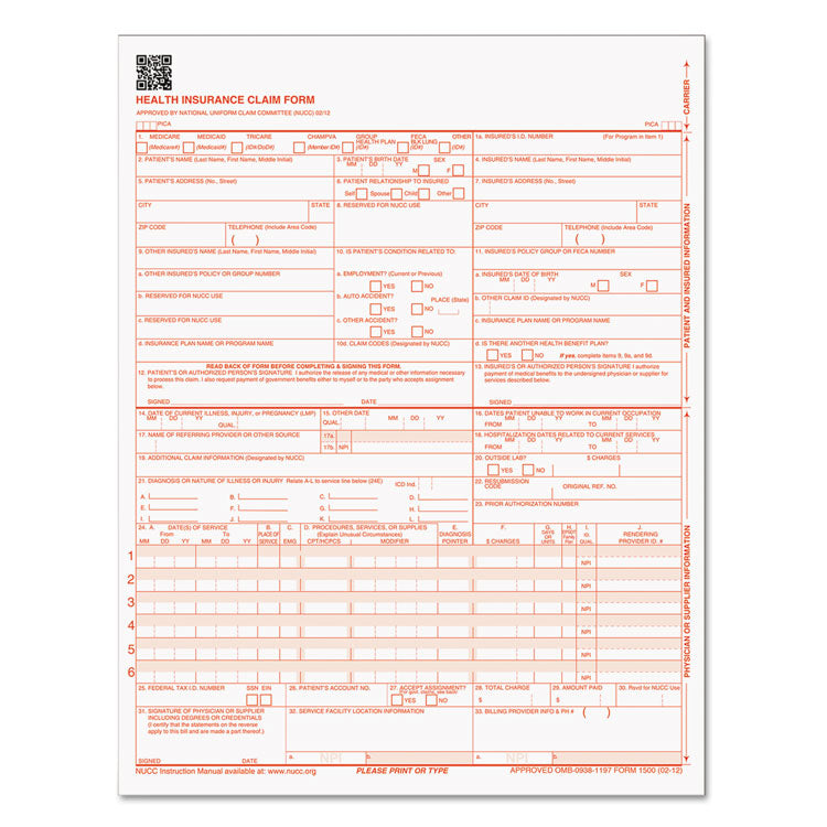 TOPS™ CMS-1500 Medicare/Medicaid Forms for Laser Printers, One-Part (No Copies), 8.5 x 11, 250 Forms Total (TOP50135RV) Each