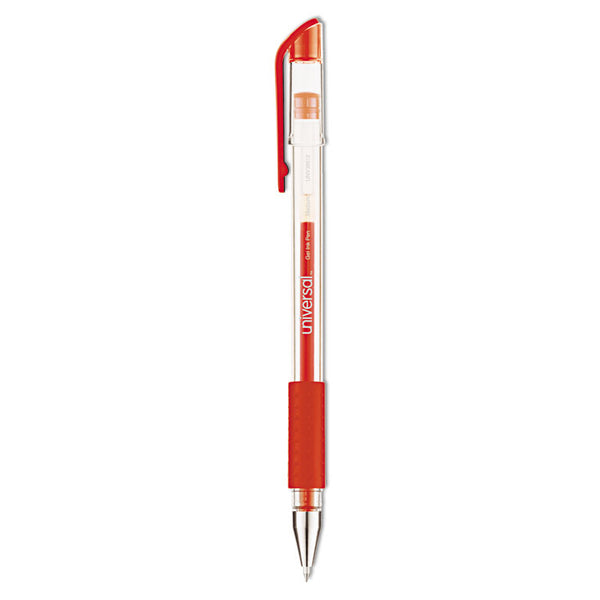 Universal™ Comfort Grip Gel Pen, Stick, Medium 0.7 mm, Red Ink, Clear/Red Barrel, Dozen (UNV39512)