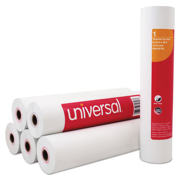 Universal® Direct Thermal Printing Fax Paper Rolls, 0.5" Core, 8.5" x 98 ft, White, 6/Pack (UNV35758)